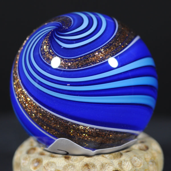 Mark Matthews Triple Lutz - Triple Banded, Double Blues, Art glass marble 1.22"