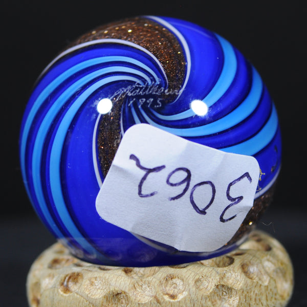 Mark Matthews Triple Lutz - Triple Banded, Double Blues, Art glass marble 1.22"