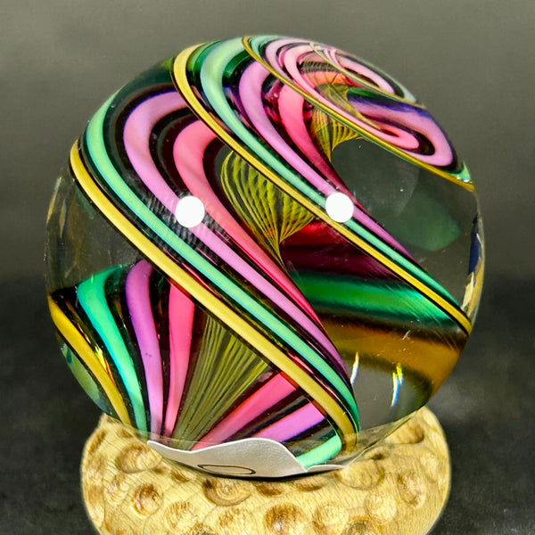 Geoffrey Beetem Art Glass Marble, Neon spiral lines  1.42”