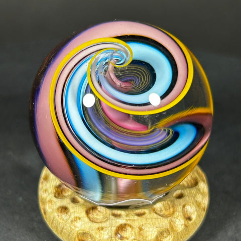 Geoffrey Beetem Art Glass Marble, Neon blues spiral lines  1.27”