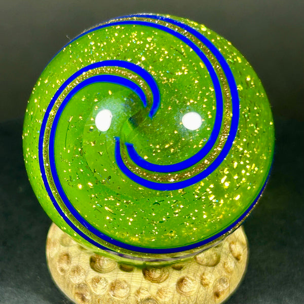 Geoffrey Beetem Art Glass Marble, Neon color bomb in Dichro yellow-green with bands  1.47”