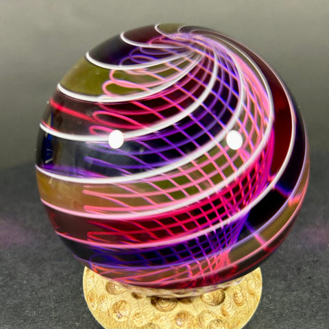 Hot Hot Glass Art Glass Marble, Latticino core with banded pinks and purples, 1.74” 2014