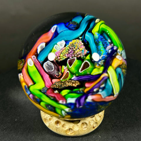 Doug Sweet Art Glass Marble, Dichro Milli sea floor delight, 1.86”