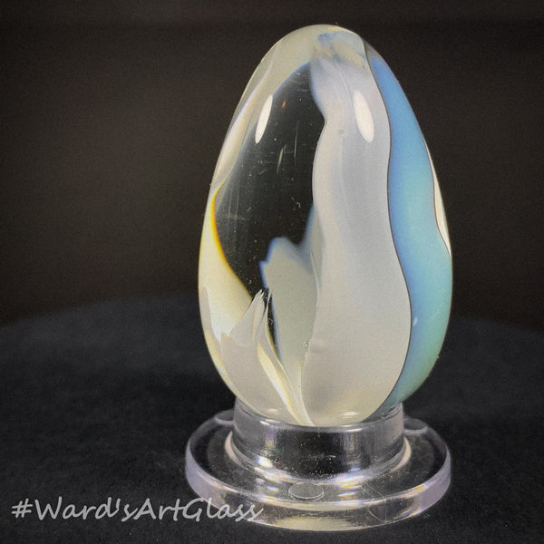 Rolf Wald Art Glass Egg, Delicate Tulip Leaf Pedals in White and Blue Eggshell 1.54"