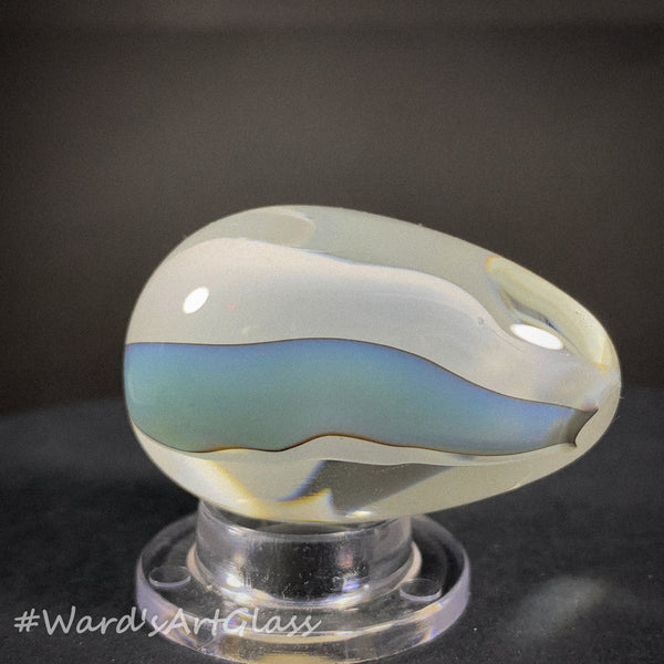 Rolf Wald Art Glass Egg, Delicate Tulip Leaf Pedals in White and Blue Eggshell 1.54"