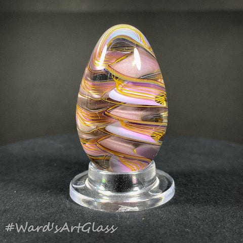 Rolf Wald Art Glass Egg, Folded Spiral of Fine Line rainbows and Gold Lutz Ribbon 1.48"
