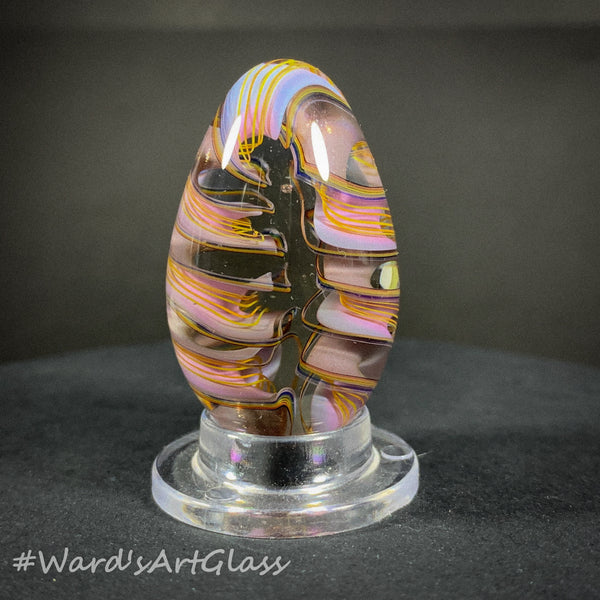 Rolf Wald Art Glass Egg, Folded Spiral of Fine Line rainbows and Gold Lutz Ribbon 1.48"