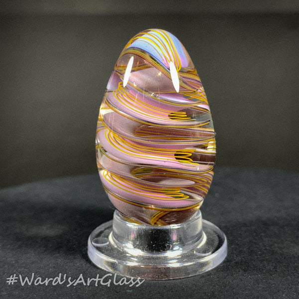 Rolf Wald Art Glass Egg, Folded Spiral of Fine Line rainbows and Gold Lutz Ribbon 1.48"