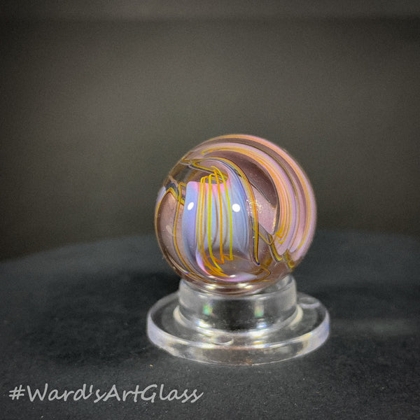 Rolf Wald Art Glass Egg, Folded Spiral of Fine Line rainbows and Gold Lutz Ribbon 1.48"