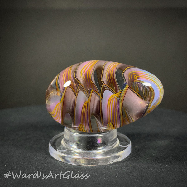 Rolf Wald Art Glass Egg, Folded Spiral of Fine Line rainbows and Gold Lutz Ribbon 1.48"