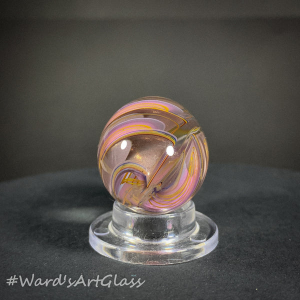 Rolf Wald Art Glass Egg, Folded Spiral of Fine Line rainbows and Gold Lutz Ribbon 1.48"