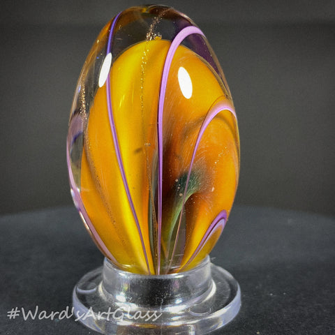 Rolf Wald Art Glass Egg, Bent Fine Lines of Lutz, Blue and White over Peach Core 1.65"