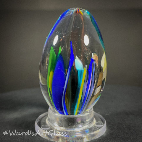 Rolf Wald Art Glass Egg, Fine Line Rainbow Garden 1.58"