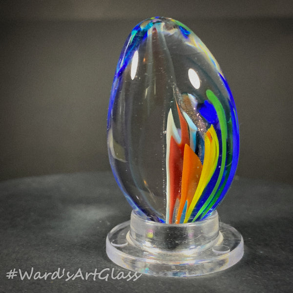 Rolf Wald Art Glass Egg, Fine Line Rainbow Garden 1.58"