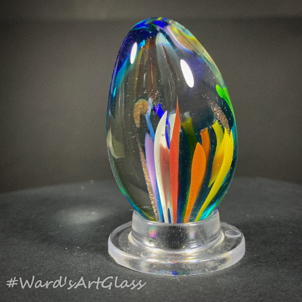 Rolf Wald Art Glass Egg, Fine Line Rainbow Garden 1.58"