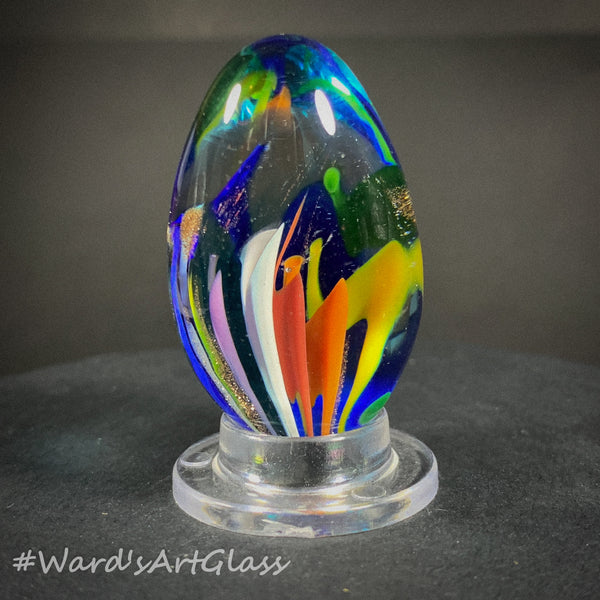 Rolf Wald Art Glass Egg, Fine Line Rainbow Garden 1.58"