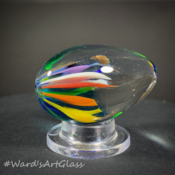 Rolf Wald Art Glass Egg, Fine Line Rainbow Garden 1.58"