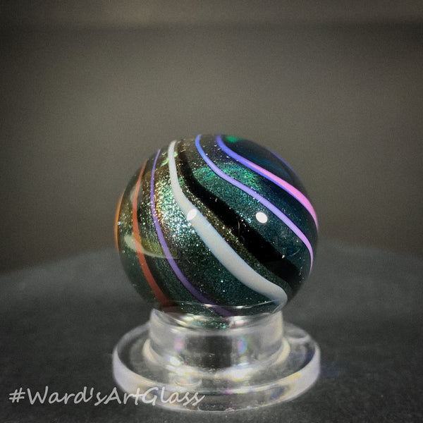 Rolf Wald Art Glass Egg, Solid Lutz Core with Bent Fine Line Rainbow 1.50"