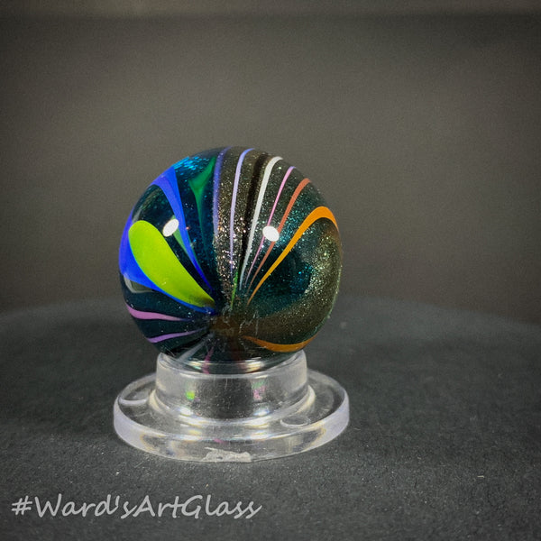 Rolf Wald Art Glass Egg, Solid Lutz Core with Bent Fine Line Rainbow 1.50"