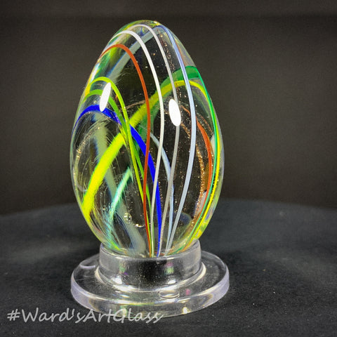 Rolf Wald Art Glass Egg, Clear Super Fine Line Rainbow 1.56"