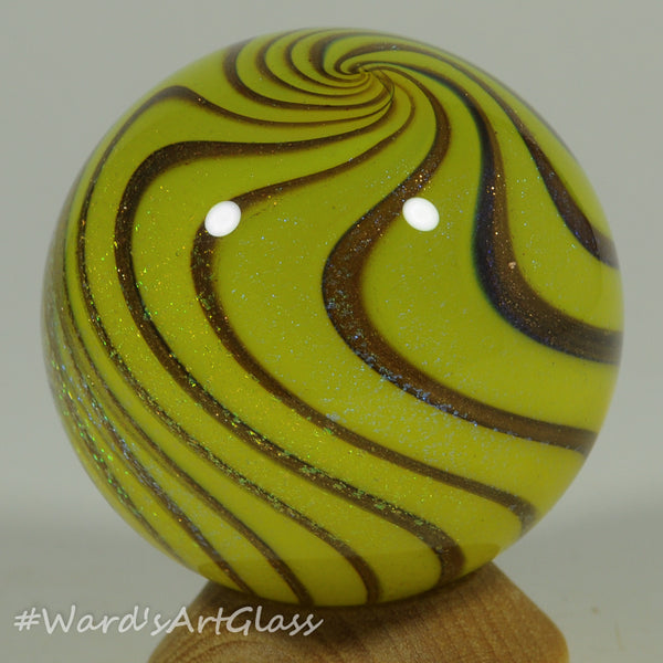 Kris Parke Soft Glass, Yellow with Rust WigWag and Iridesent Dichro over all 1.54"