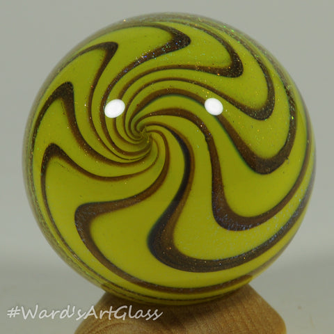 Kris Parke Soft Glass, Yellow with Rust WigWag and Iridesent Dichro over all 1.54"