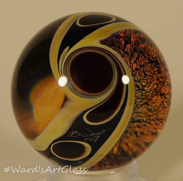 Anton Bodor Art Glass Marble, Double sided Swirl iridescent and plume 1.68" 2009