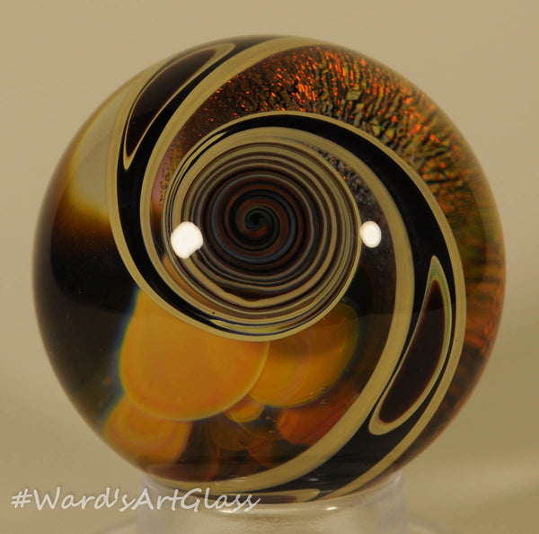 Anton Bodor Art Glass Marble, Double sided Swirl iridescent and plume 1.68" 2009