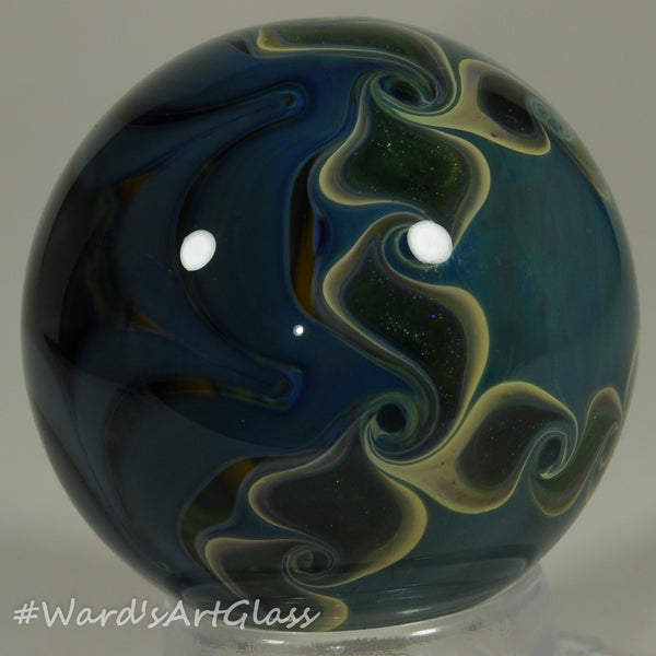 Chris Rice, Hidden Vortex in blue and yellow, full PinWheel Braided backing Boro Marble. 1.54"