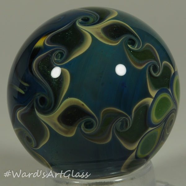 Chris Rice, Hidden Vortex in blue and yellow, full PinWheel Braided backing Boro Marble. 1.54"