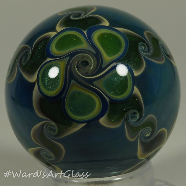 Chris Rice, Hidden Vortex in blue and yellow, full PinWheel Braided backing Boro Marble. 1.54"