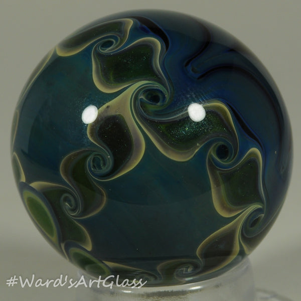 Chris Rice, Hidden Vortex in blue and yellow, full PinWheel Braided backing Boro Marble. 1.54"