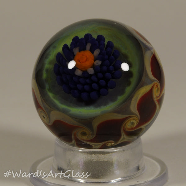 Chris Rice, Blue Solo Bloom with Delicate PinWheel Weave, Boro Marble. 1.45"