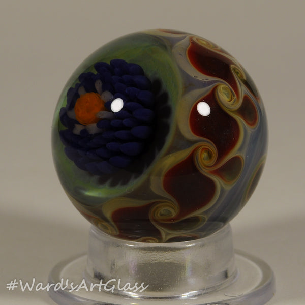 Chris Rice, Blue Solo Bloom with Delicate PinWheel Weave, Boro Marble. 1.45"