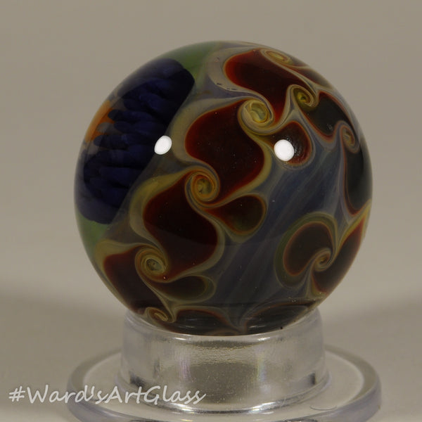 Chris Rice, Blue Solo Bloom with Delicate PinWheel Weave, Boro Marble. 1.45"