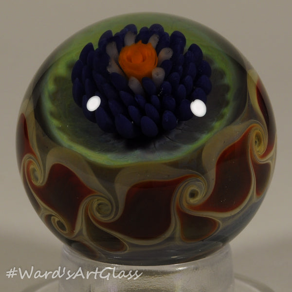 Chris Rice, Blue Solo Bloom with Delicate PinWheel Weave, Boro Marble. 1.45"