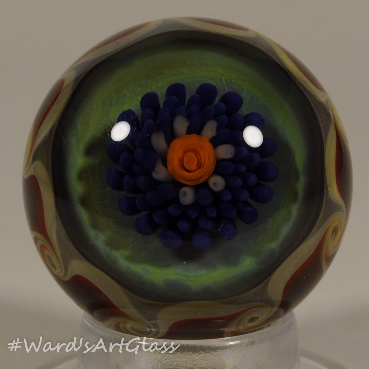 Chris Rice, Blue Solo Bloom with Delicate PinWheel Weave, Boro Marble. 1.45"