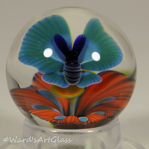 Chris Rice, Turquoise Butterfly over Orange Poppy Bloom, Boro Marble. 1.28"