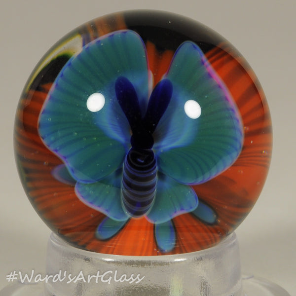 Chris Rice, Turquoise Butterfly over Orange Poppy Bloom, Boro Marble. 1.28"