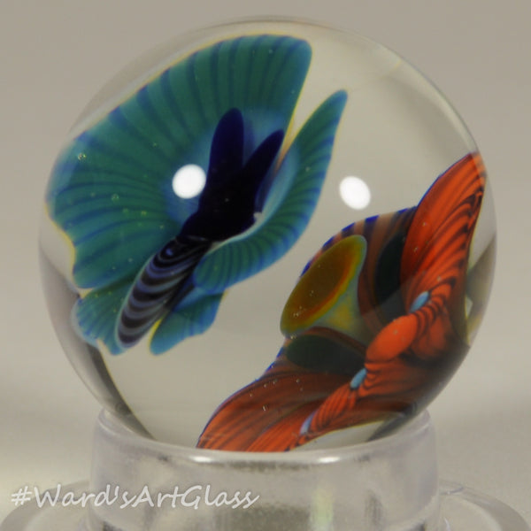 Chris Rice, Turquoise Butterfly over Orange Poppy Bloom, Boro Marble. 1.28"