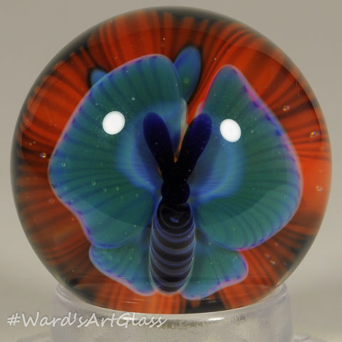 Chris Rice, Turquoise Butterfly over Orange Poppy Bloom, Boro Marble. 1.28"