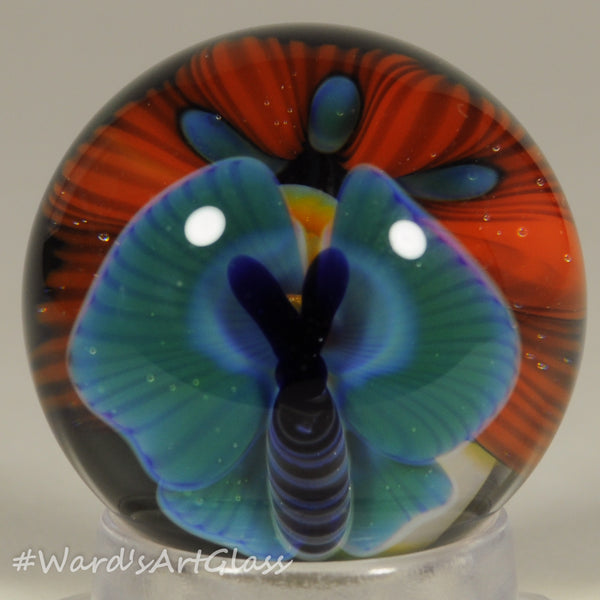 Chris Rice, Turquoise Butterfly over Orange Poppy Bloom, Boro Marble. 1.28"