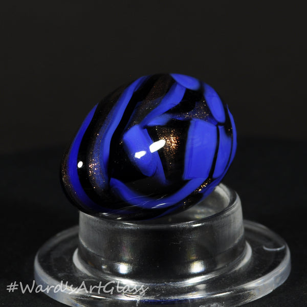 Rolf Wald Art Glass Egg, Black and blue Chaos over Gold Lutz, Flat Bottom, 1.18"