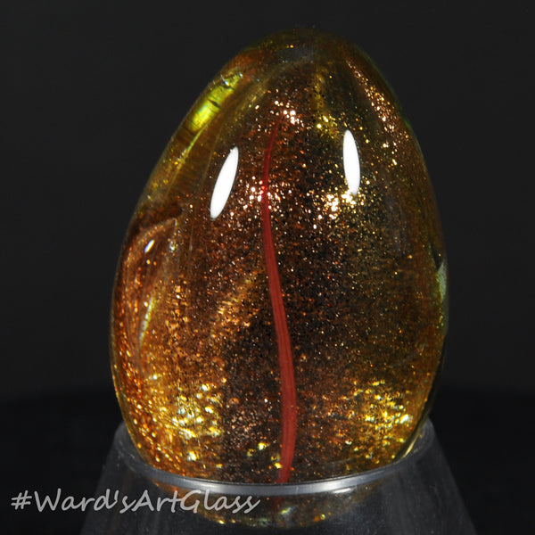 Rolf Wald Art Glass Egg, Golden Lutz with a Hint of a Red Line Accent, 1.53"