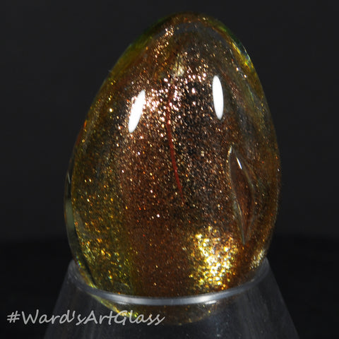 Rolf Wald Art Glass Egg, Golden Lutz with a Hint of a Red Line Accent, 1.53"