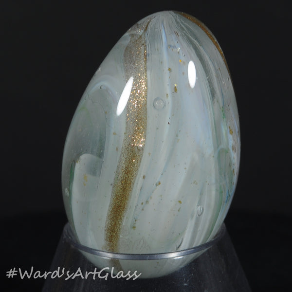 Rolf Wald Art Glass Egg, White Clouds and Gold Lutz with Gold Lines, 1.63"