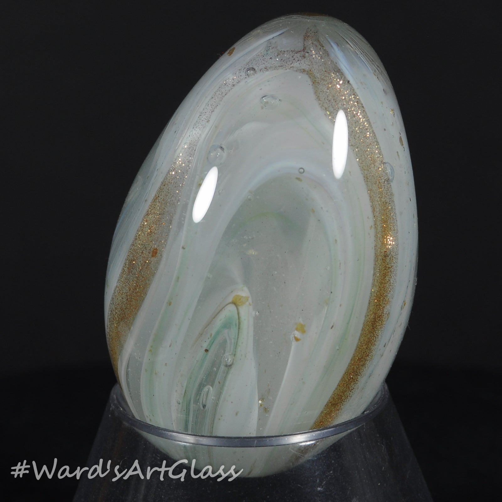 Rolf Wald Art Glass Egg, White Clouds and Gold Lutz with Gold Lines, 1.63"