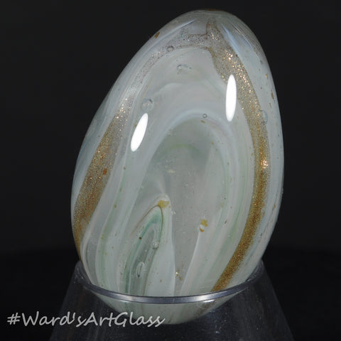 Rolf Wald Art Glass Egg, White Clouds and Gold Lutz with Gold Lines, 1.63"