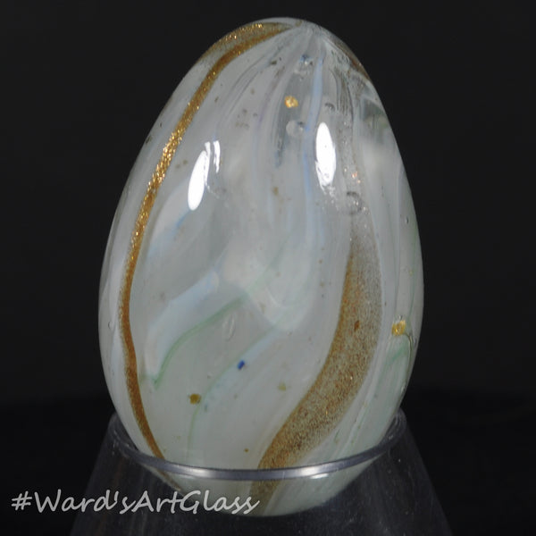 Rolf Wald Art Glass Egg, White Clouds and Gold Lutz with Gold Lines, 1.63"