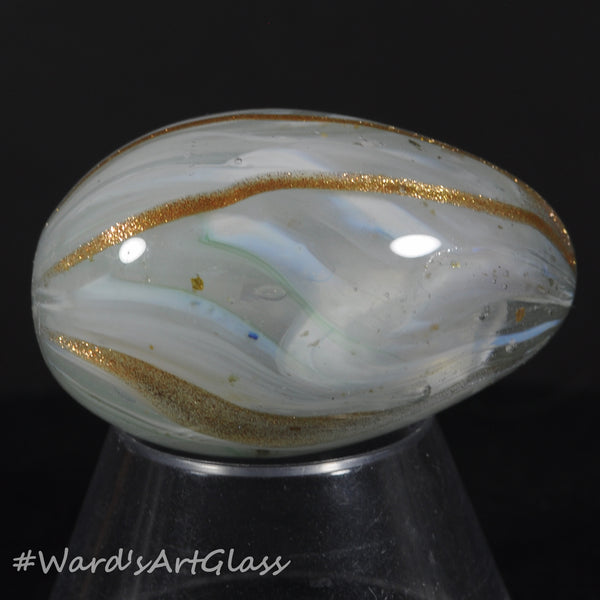 Rolf Wald Art Glass Egg, White Clouds and Gold Lutz with Gold Lines, 1.63"